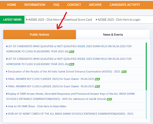 NTA AISSEE portal screenshot - step 1 to download sainik school answer key 